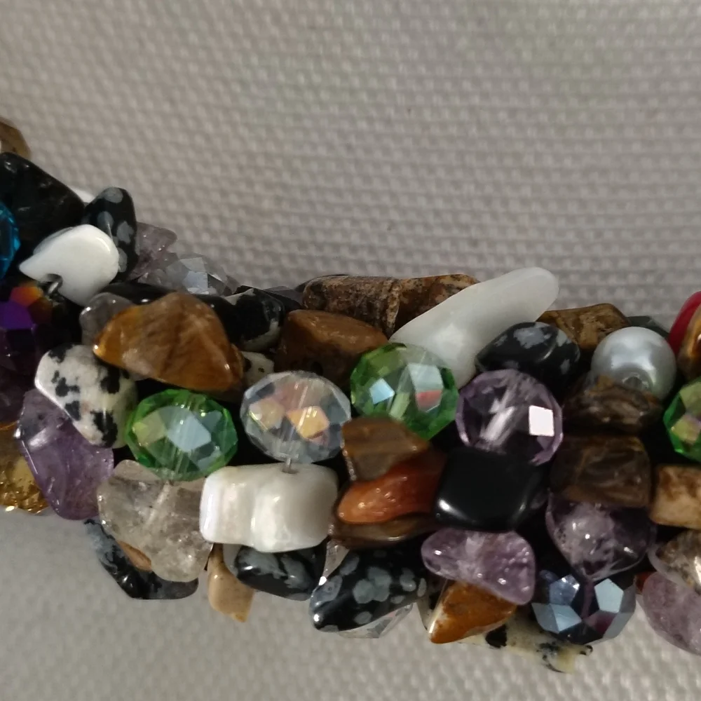 Artisan Crystal Beaded Necklace Scarf Stone Chips Nuggets Wrapped Fringe Black